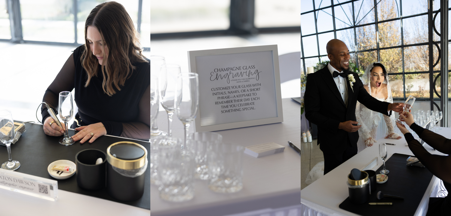 Engraved champagne glasses for wedding on site personalization with Paxton Dawson Creative Co in Kansas City