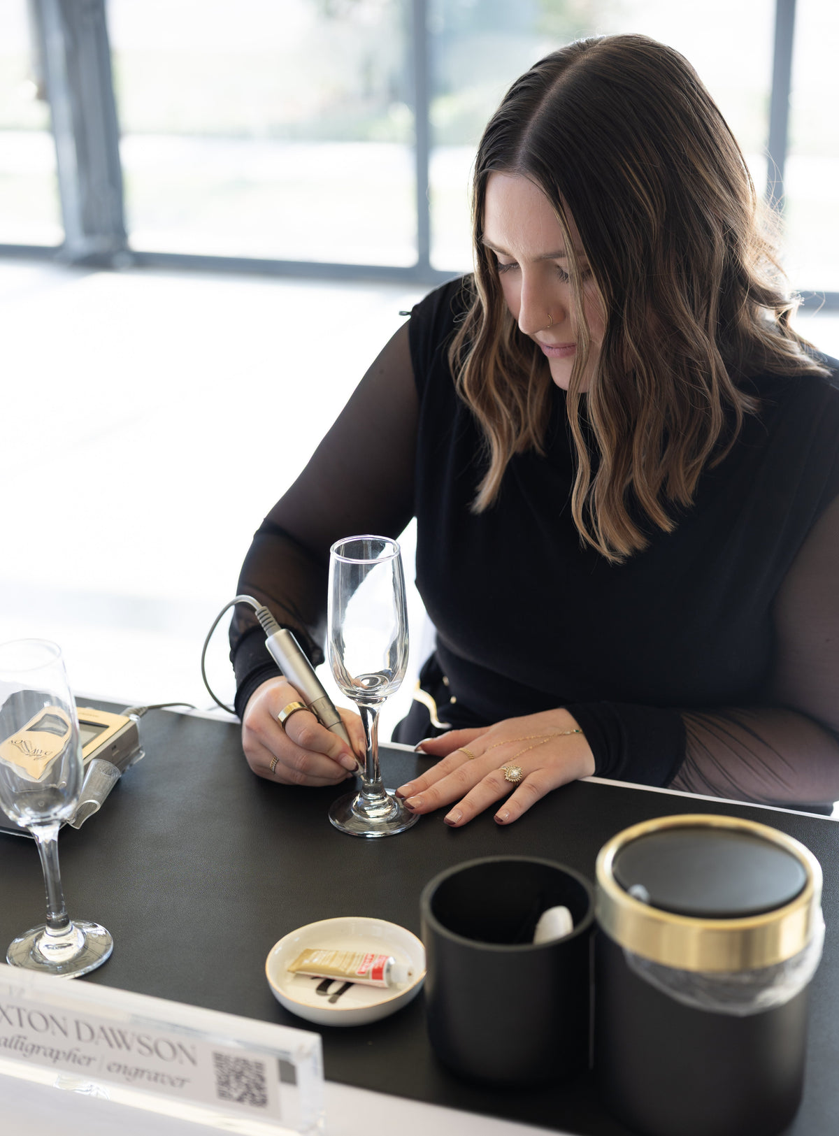 Live champagne glass engraving at Avent Orangery — Kansas City wedding inspiration editorial