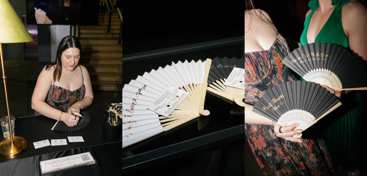 Calligraphy paper fans for wedding on site personalization with Paxton Dawson Creative Co in Kansas City