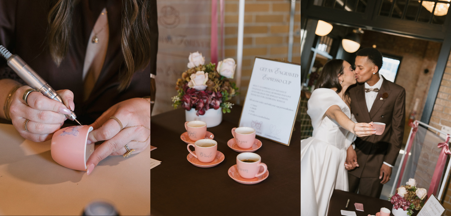 Engraved espresso cups for wedding on site personalization with Paxton Dawson Creative Co in Kansas City