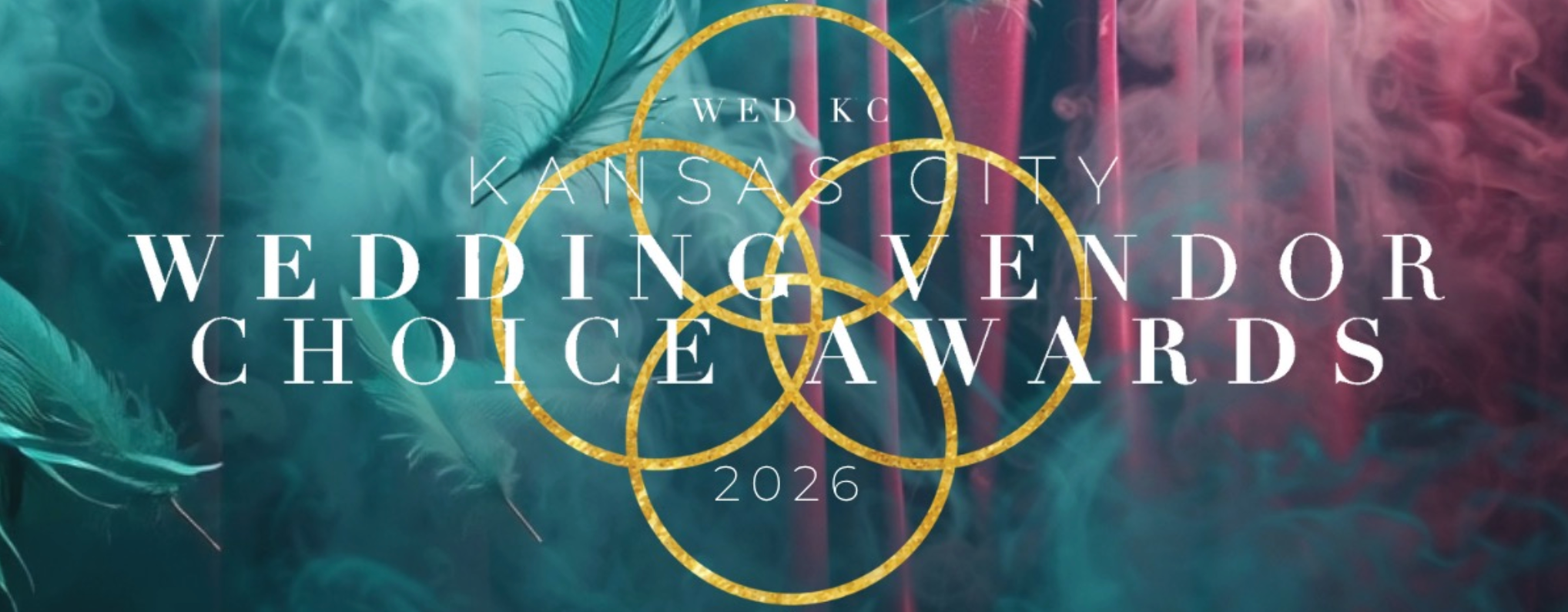 Promotional graphic for Kansas City Wedding Vendor Choice Awards 2026 with abstract green and pink background.