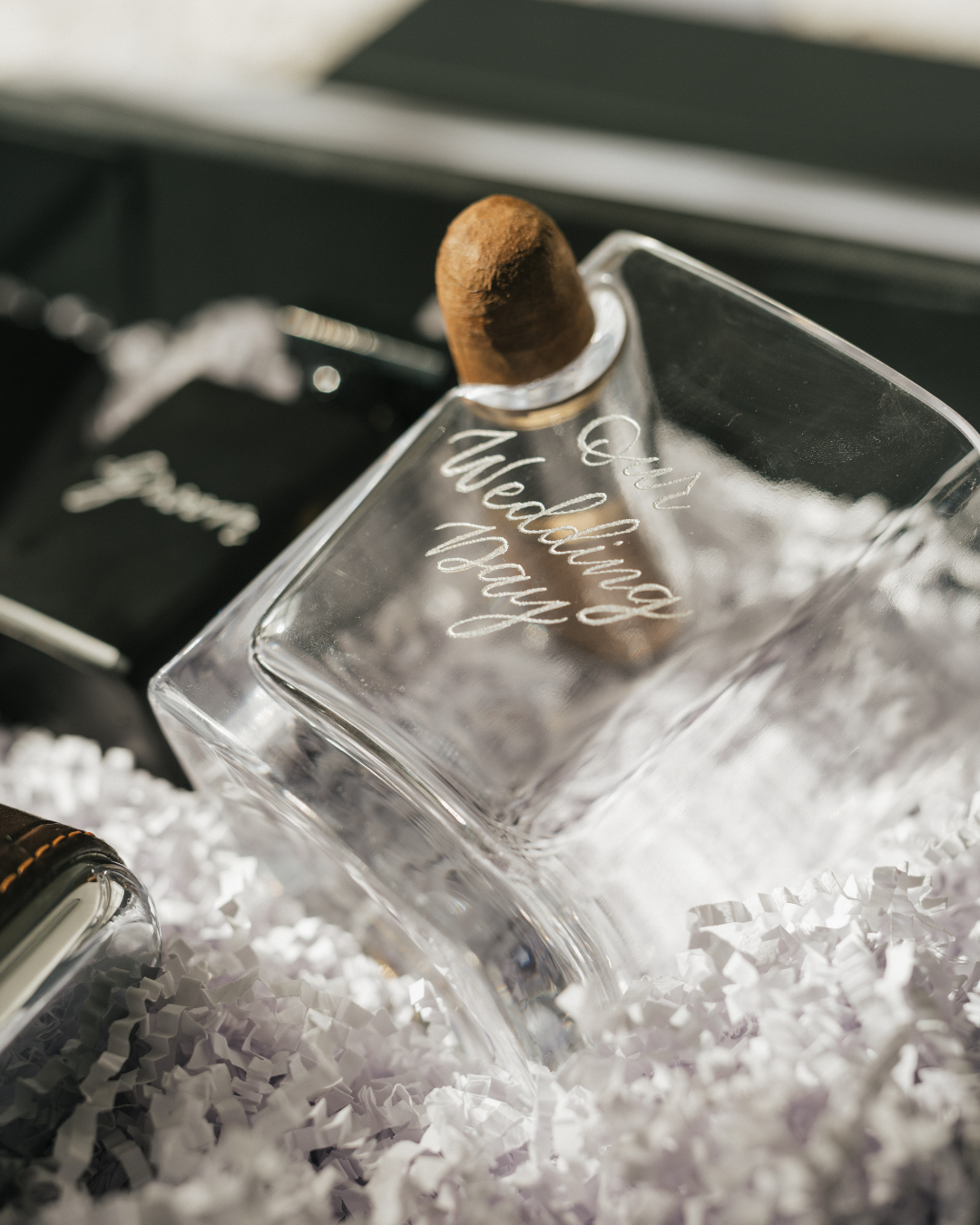 Engraved whiskey rocks glass for wedding gift by Paxton Dawson Creative Co