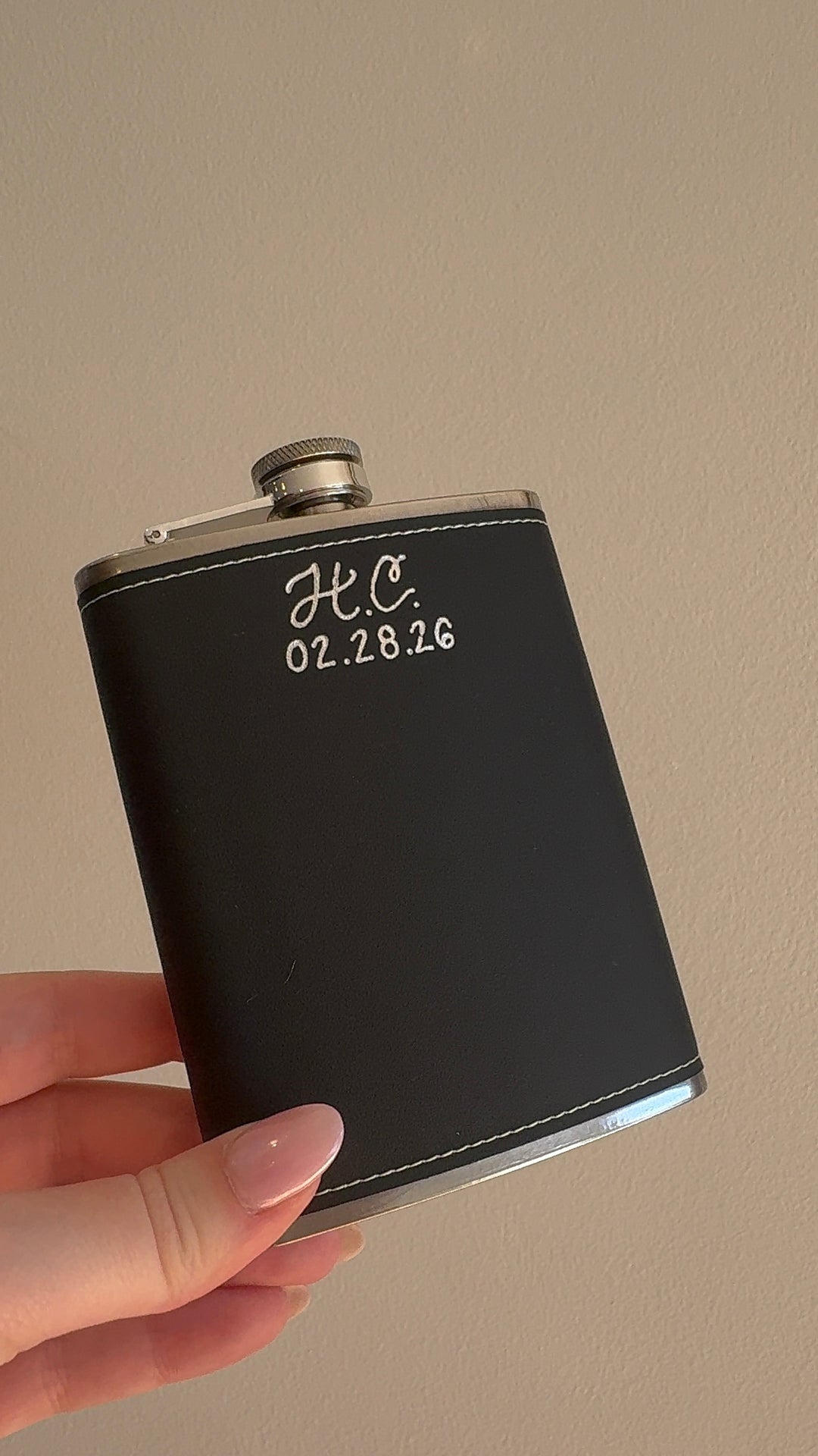 Hot foiled black groom flask by Paxton Dawson Creative Co. Kansas City