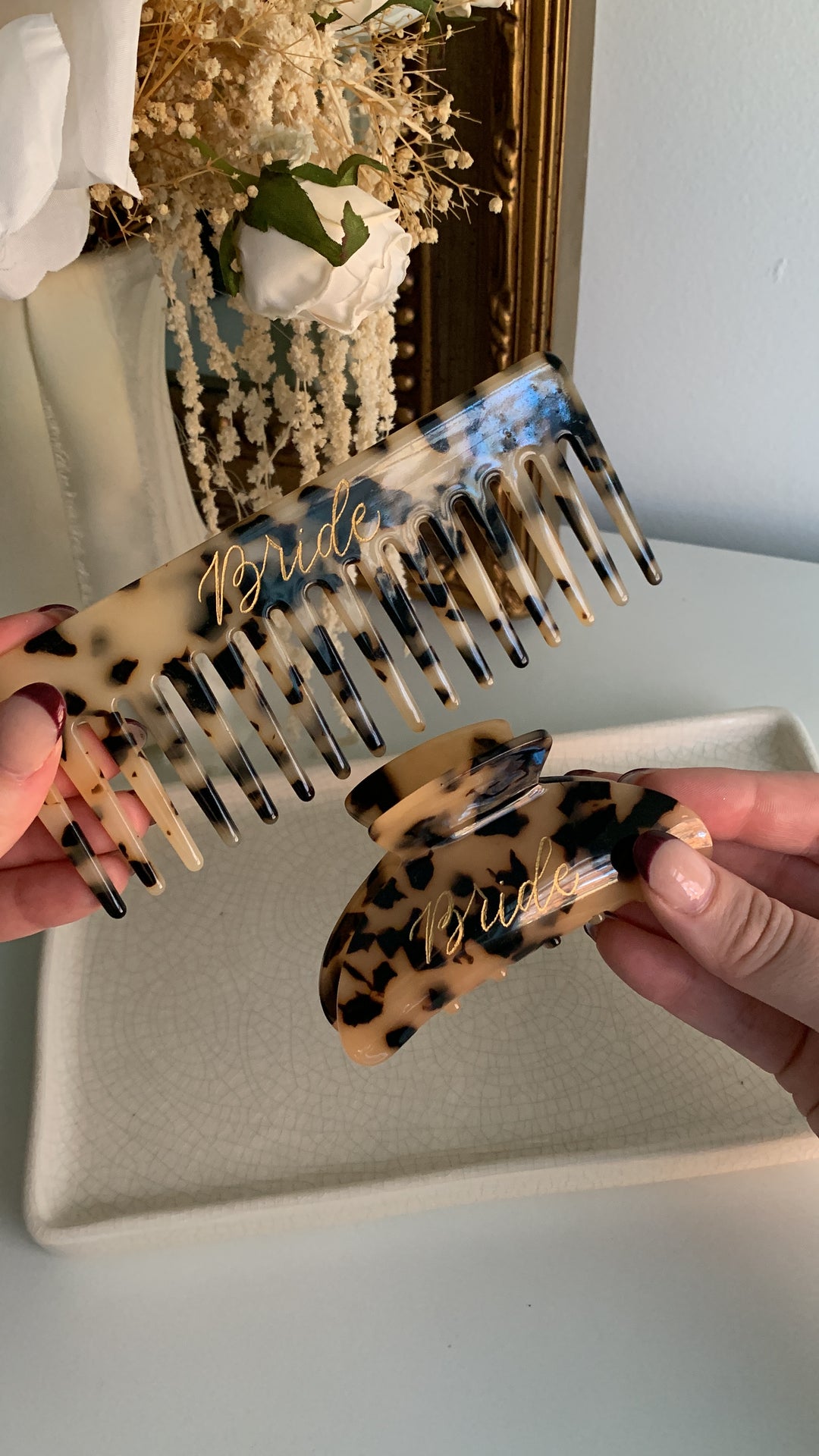 Hand engraved bride claw clip and comb by Paxton Dawson Creative Co. Kansas City