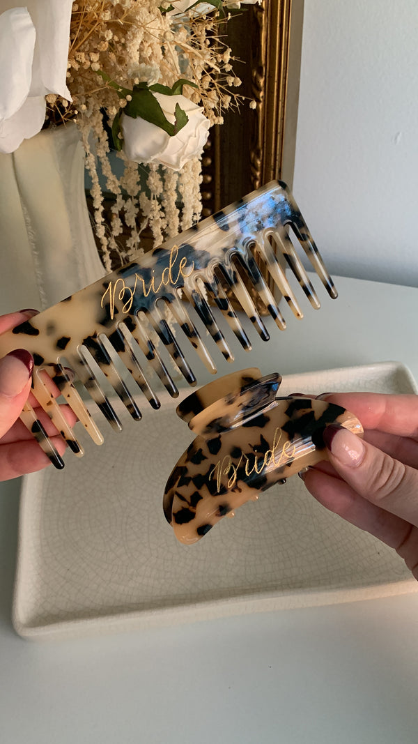 Hand engraved bride claw clip and comb by Paxton Dawson Creative Co. Kansas City
