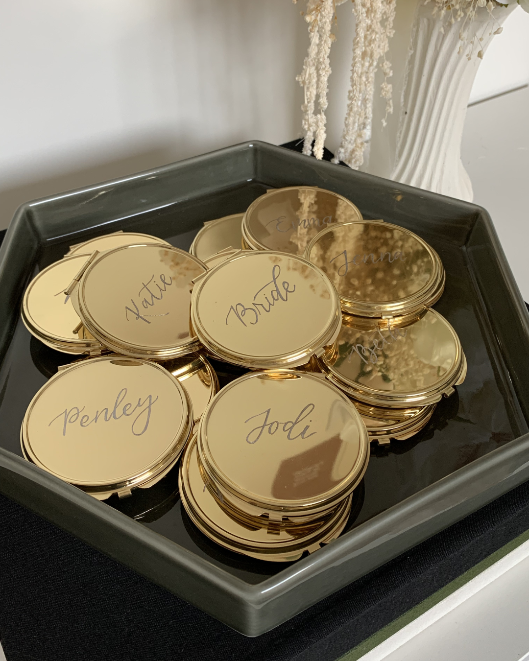 Engraved bridesmaids compact mirror handcrafted by Paxton Dawson Creative Co. Kansas City