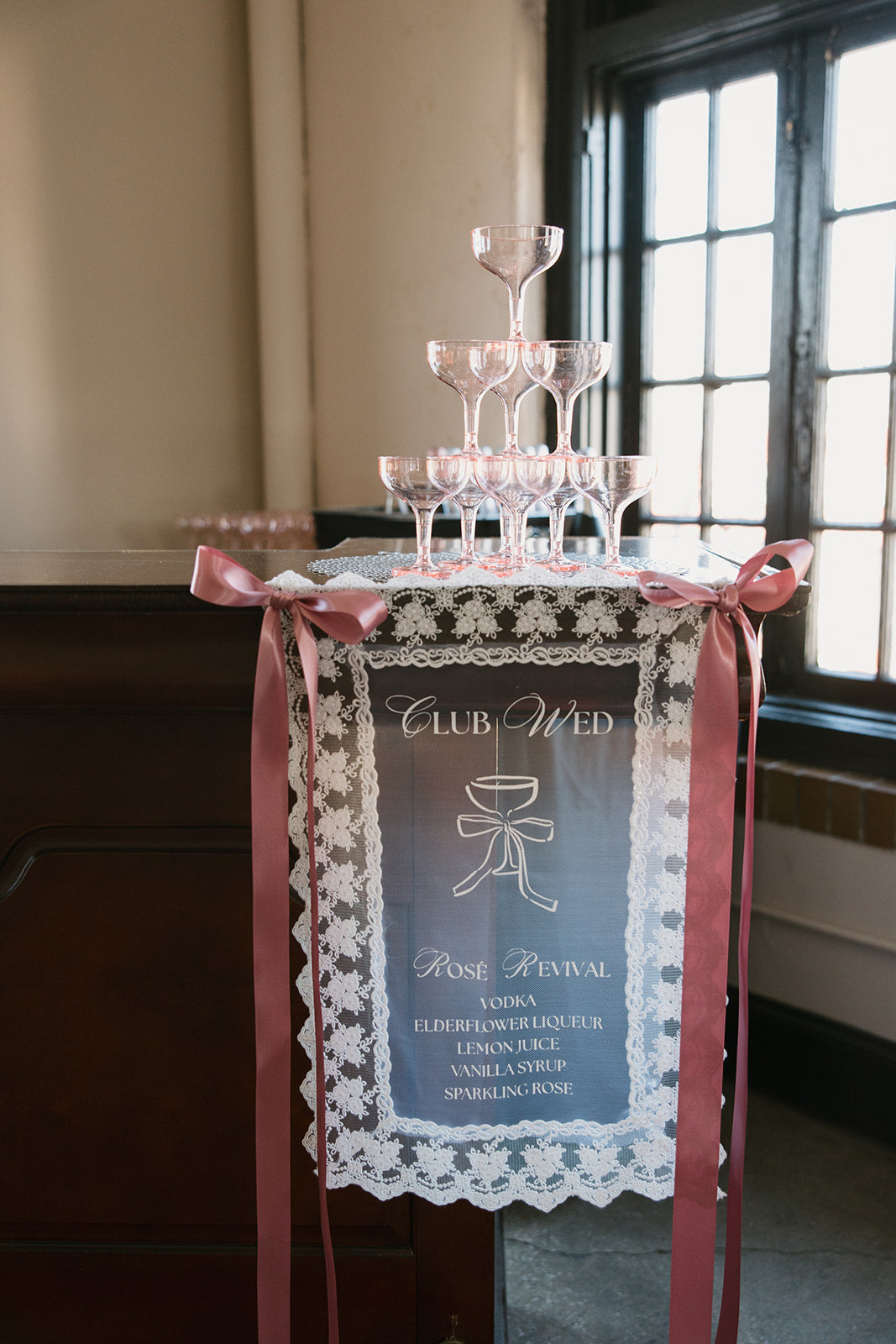 Sheer lace bar sign with pink silk bow detail — wedding bar signage by Paxton Dawson Creative Co. Kansas City