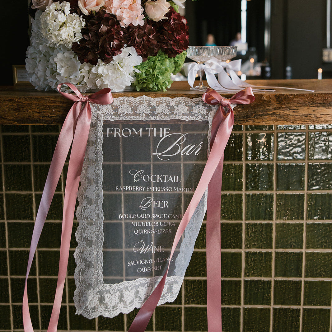 Sheer lace bar sign with pink silk bow detail — wedding bar signage by Paxton Dawson Creative Co. Kansas City