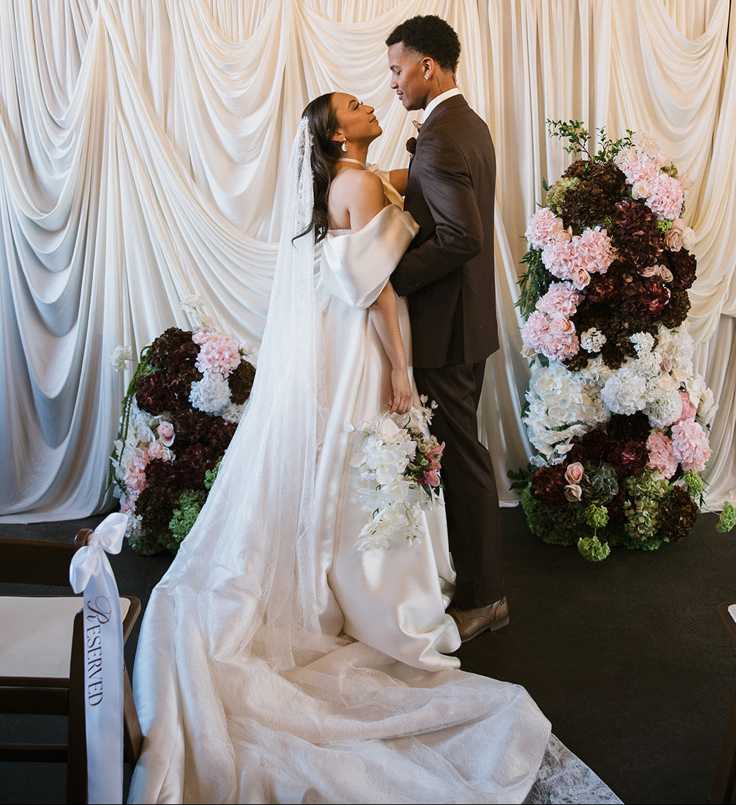 Bride and groom at The Firehouse KC Kansas City blush and chocolate wedding inspiration editorial