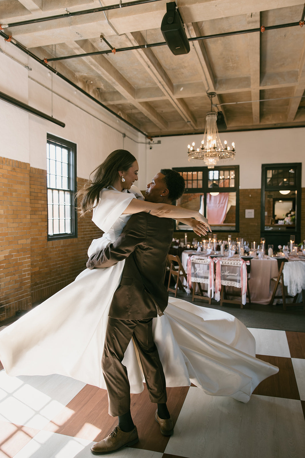Bride and groom at The Firehouse KC Kansas City blush and chocolate wedding inspiration editorial