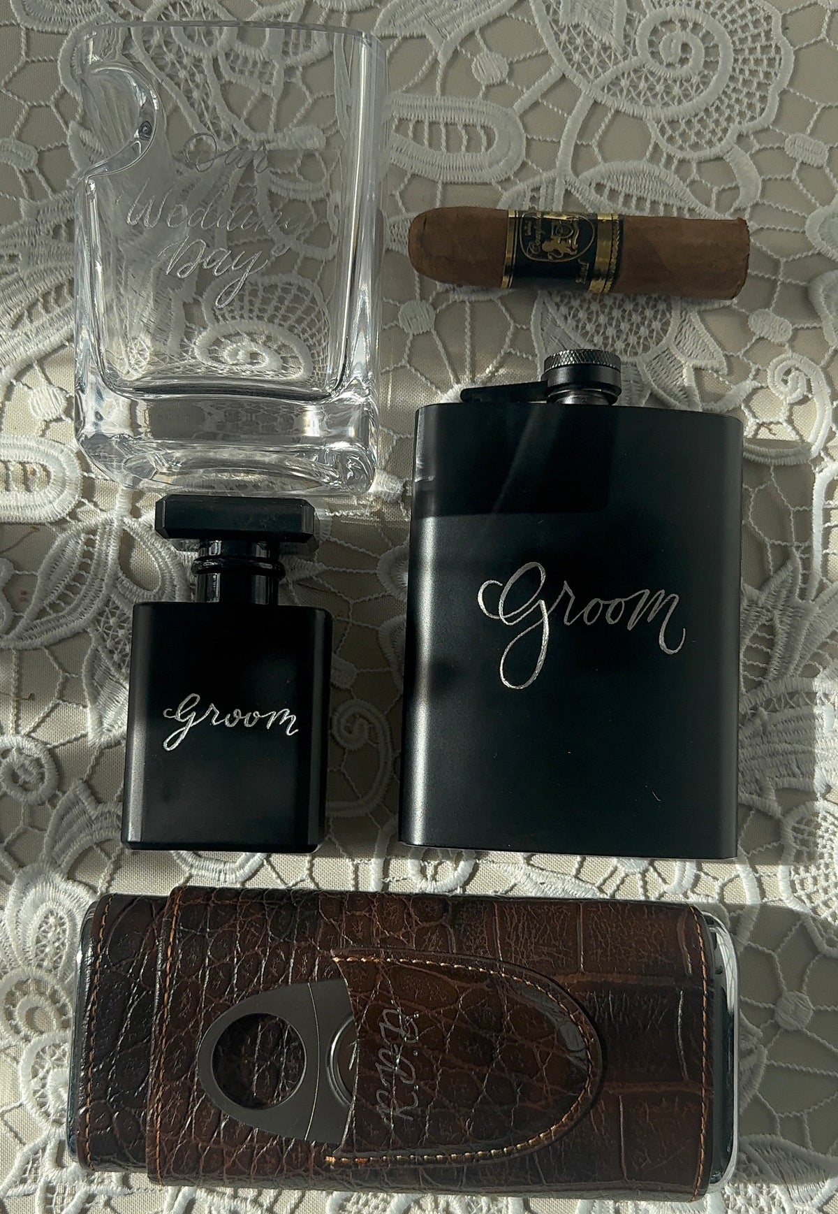 Personalized groomsmen gifts including flask, glass, and leather case — Wedding Keepsake Box by Paxton Dawson Creative Co.