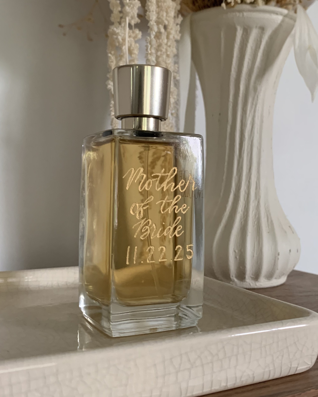 Engraved mother of the bride perfume bottle handcrafted by Paxton Dawson Creative Co. Kansas City