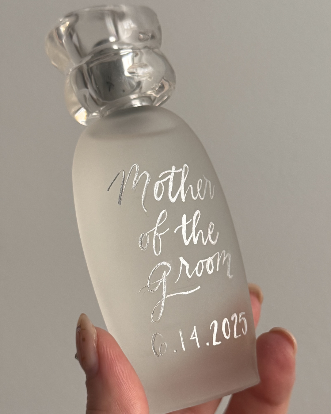 Engraved mother of the groom perfume bottle handcrafted by Paxton Dawson Creative Co. Kansas City